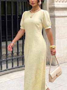 Elenzga Women's Spring/Summer Elegant Casual Commute Cream Yellow Textured Puff Sleeve Round Neck Loose Fit Flattering Back Pearl Ring Tie Hollow Design Long Dress - Yellow - View 3