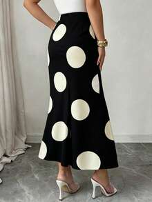 SHEIN Elenzya Women's Vintage Polka Dot High Waist Asymmetrical Ruffle Hem Split Maxi Skirt Y2K Sexy Black White Polka Dot Asymmetrical Ruffle Hem High Waist Flowy Long Skirt Summer Boho Polka Dot High Waist Asymmetrical Ruffle Split Hem Maxi Skirt For Vacation Elegant Polka Dot Asymmetrical Ruffle Hem High Waist Maxi Skirt For Women - Black - View 2