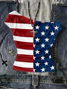Attitoon Women's Off-Shoulder American Flag Print Ruched Casual Top - Multicolor - View 7
