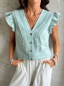 Breezaya Women's Spring/Summer New Casual Vacation Lace Trim Ruffle Sleeve Blouse - Mint Green - View 7