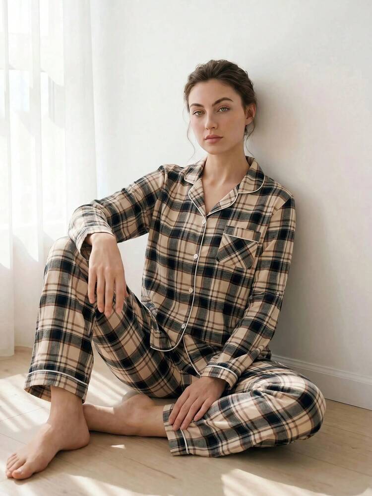 Liftille Plaid Print Contrast Piping PJ Set / Pajama Set, Fall Winter Clothes Cozy And Elegant Details - Multicolor - View 2