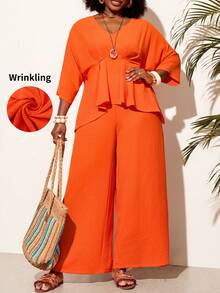 BrightlyHer Plus Size Women Solid Color 3/4 Sleeve Shirt And Wide Leg Pants Casual 2 Pieces Set - Burnt Orange - View 8