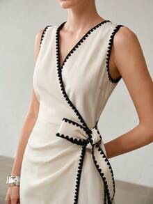 MOTF PREMIUM WOMEN'S ELEGANT COLORBLOCK SHELL EDGE BOW TIE SHORT DRESS FOR COMMUTING - Black and White - View 3