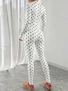 SHEIN 秋冬美式休閒長袖豹紋拉鍊修身女式連身褲 - 黑與白 - 查看 2