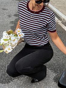 Serisse 女款圓領條紋拼接休閒百搭日常針織上衣 - 彩色 - 查看 7