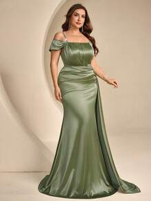 Coutiva Vestido de Noche Formal de Sirena con Tirantes de Espagueti y Hombros Descubiertos Decorado con Strass Talla Grande - Verde - Ver 4