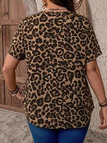 EMERY ROSE Plus Size Leopard Print Pleated Asymmetrical Hem V-Neck Blouse - Multicolor - View 2