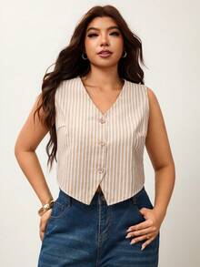Enliva Plus-Size White Lightweight Vest, Women's Office Brunch Bussines Evening Attire, For Apple And Rounded Body Shape Teachers' Day Summer Casual Elegant - Khaki - View 6