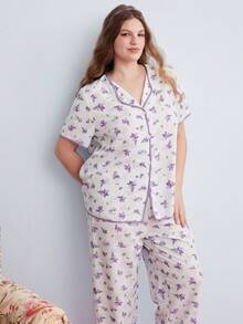 Elorette Floral Pajama Set Plus Size Purple Floral Contrast Trim Short Sleeve Sleepwear Set 2 Piece Pajama Set Purple Pajamas Set - White - View 6