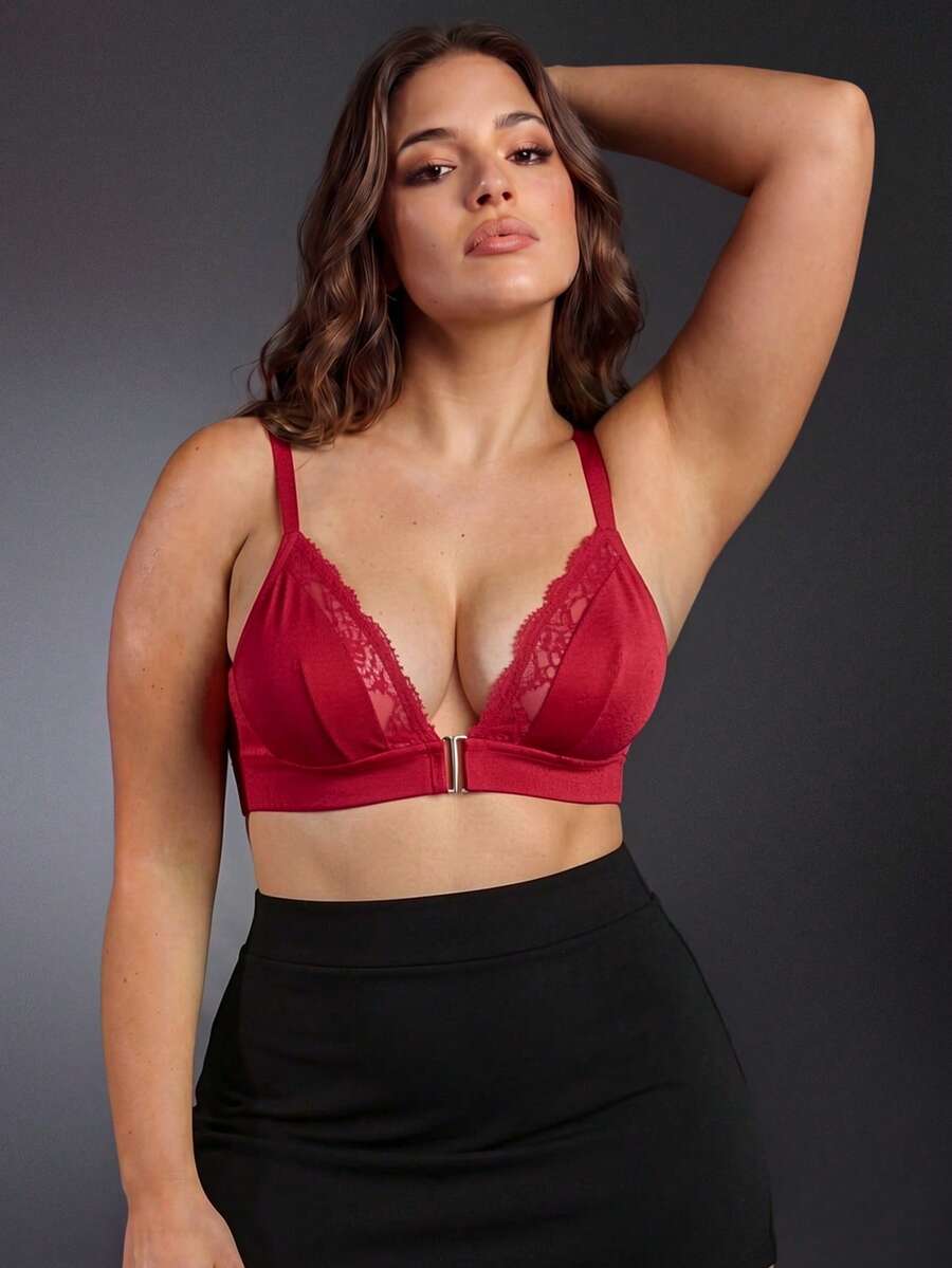 EmpressEnvy Front Closure, Lifting, Padded, Teardrop Cups, Eyelash Lace Decor, Comfortable Lace Patchwork Plus Size Bra & Wireless Bra - Red - View 1