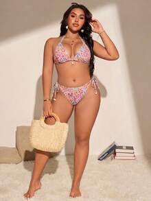 Swim Vcay Plus Size Vacation Floral Print 3D Shell Decor Halter Tie Bikini Two-Piece Swimsuit Set - Hot Pink - View 3