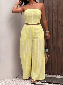 Sunnyshic Plus Size Women's Vacation Striped Bandeau Top And Wide Leg Pants 2pcs Set - Yellow - View 7