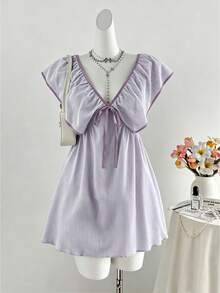 Sunspun Plus Size Women's Summer Light Green Striped V-Neck Ruffle Bow Tie Dress, Retro French Style Flutter Sleeve Tie Waist Short Dress - Purple - View 1