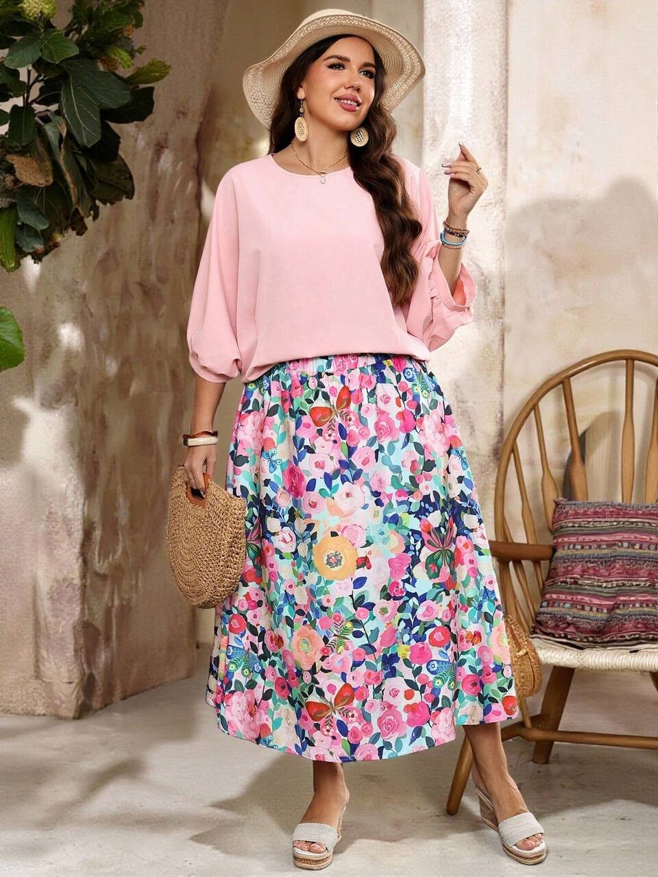 Women's Plus Size Solid Color Round Neck Blouse And Light Pink Light Blue Elegant Boho Midi Skirt Set, Autumn Outfits, Vacation Outfits Tea Party