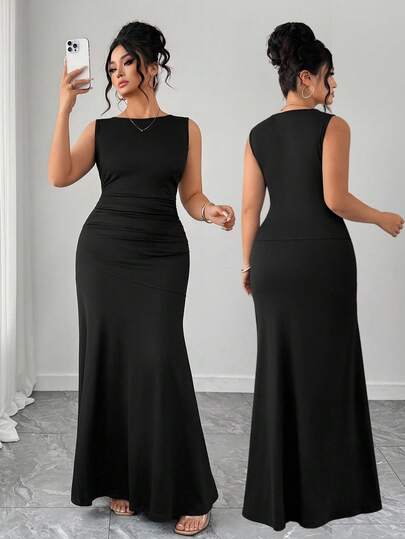 Elenzga Women's Elegant 1950s Vintage Sleeveless Round Neck A-Line Dress,Waist Ruched Solid Knit Black Maxi Dress,Plus Size Cocktail Mother Of The Bride