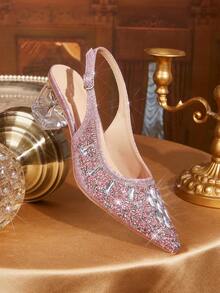 CUCCOO TILAWA Sepatu Hak Tinggi Wanita Berwarna Merah Muda dengan Hiasan Kristal dan Rhinestone Kaca, Cocok untuk Acara Keluar Rumah, Perjamuan, Pesta, dan Aktivitas Lainnya - Hampir tidak berwarna merah muda - View 3