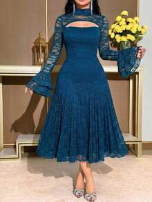 Feyla New Design Lace Hollow Out Waist A-Line Dress, Slimming, Romantic, Elegant, Suitable For Vacation & Party - Lake Blue - View 2