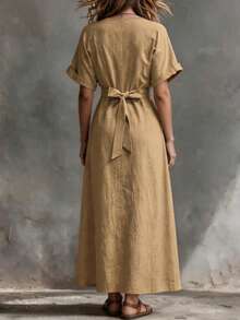 SHEIN Women Summer Holiday V-Neck Short Sleeve Wrap Midi Dress,Elegant Side Button Linen-Feel French  Tea Dress,Retro Cinched Waist Vacation Style Dress - Khaki - View 2