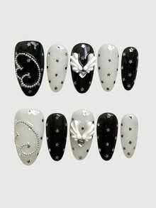 ROMWE Anime 10Pcs White Millennial Babes Punk Style Cross Retro Rivet Letter Printing French White Series Handmade Fake Nail Patch, Suitable For College, Shopping - White - View 1