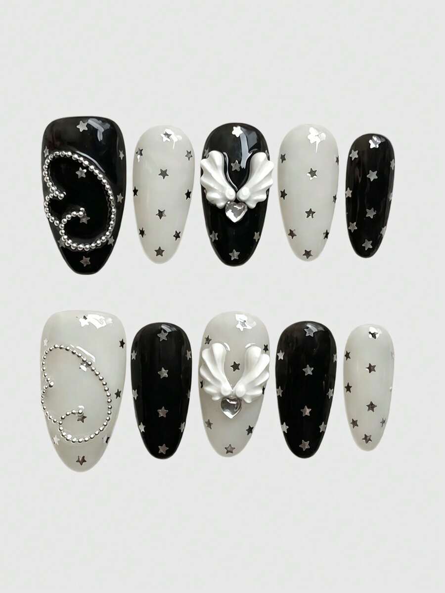 ROMWE Anime 10Pcs White Millennial Babes Punk Style Cross Retro Rivet Letter Printing French White Series Handmade Fake Nail Patch, Suitable For College, Shopping - White - View 1