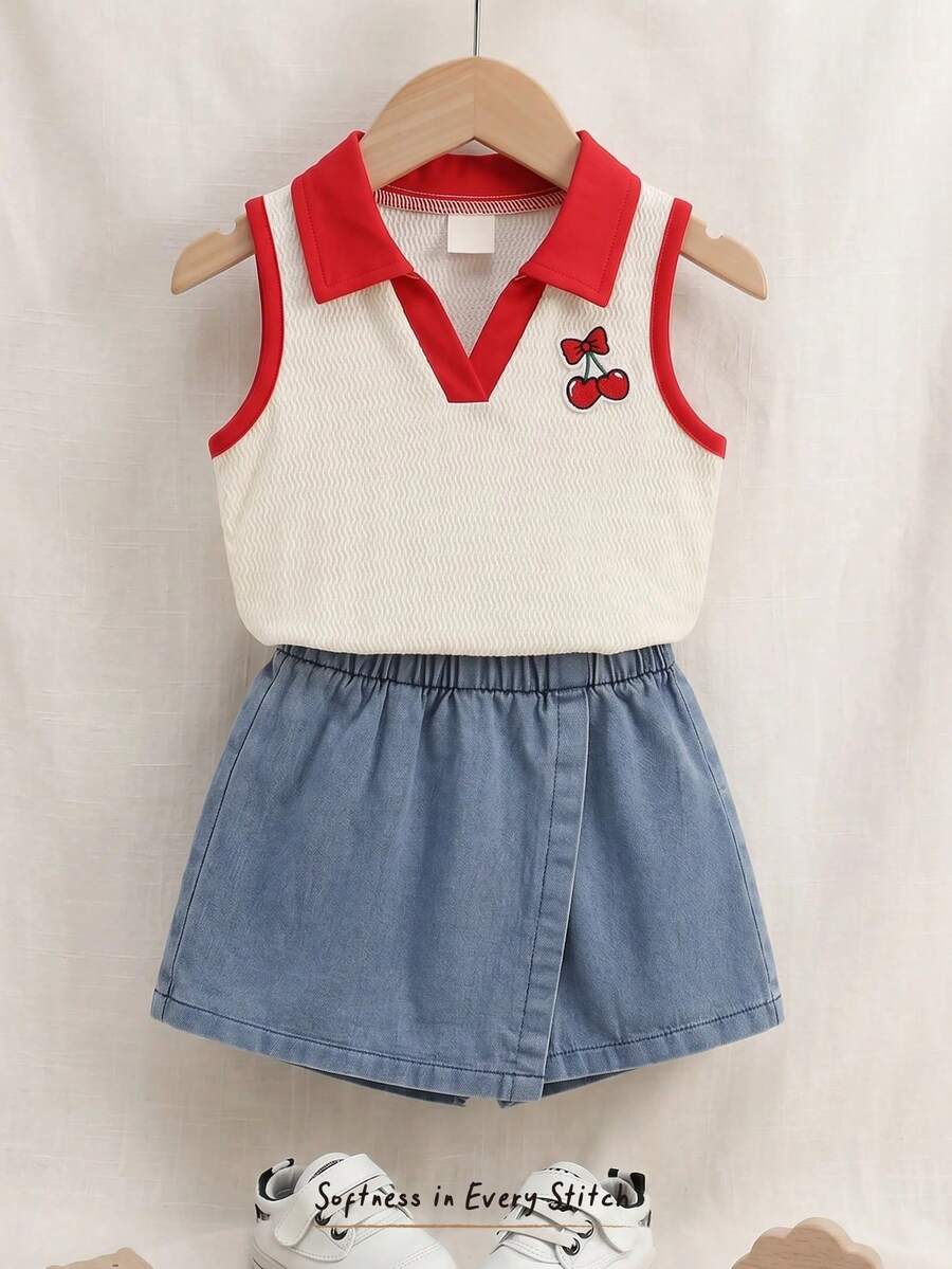 Cozy Pixies 女婴/幼儿女童可爱樱桃刺绣无袖polo衫和不对称下摆短裙套装,樱桃印花短裤裙两件套,牛仔短裤裙两件套 - 彩色 - 查看 1
