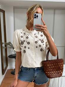 Easowa 女士休闲刺绣纯棉白衬衫，适合度假穿着 - 杏色 - 查看 7