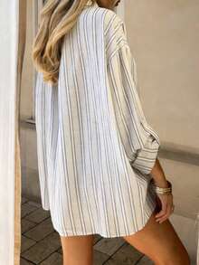 Airaco Women's Striped Colorblock Pocket Single-Breasted Long Sleeve Minimalist Versatile Shirt - Blue - View 2