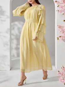 Solavon Plus Size Women's Gentle Elegant Modest Traditional French Style Pleated Textured Ruffle Waist Dress Wedding Formal Butter Yellow Autumn - Yellow - View 4