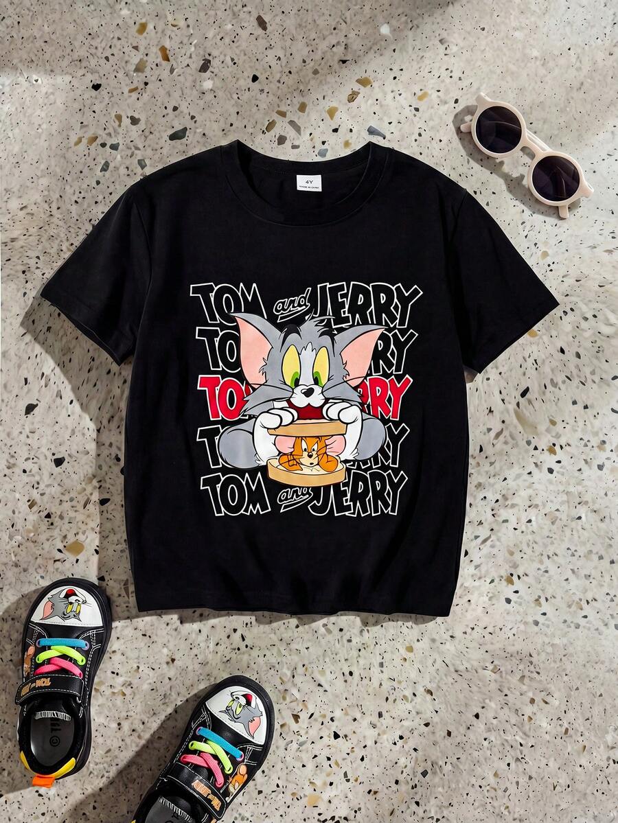 TOM & JERRY X SHEIN GraphicGems 男童黑色圓領卡通印花短袖T恤,適合學校、外出,夏季穿著 - 黑色 - 查看 1