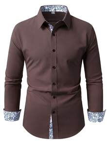Manfinity Mode Men's Floral Print Single-Breasted Long-Sleeved Shirt (Non-Positional), Formal - Coffee Brown - View 3