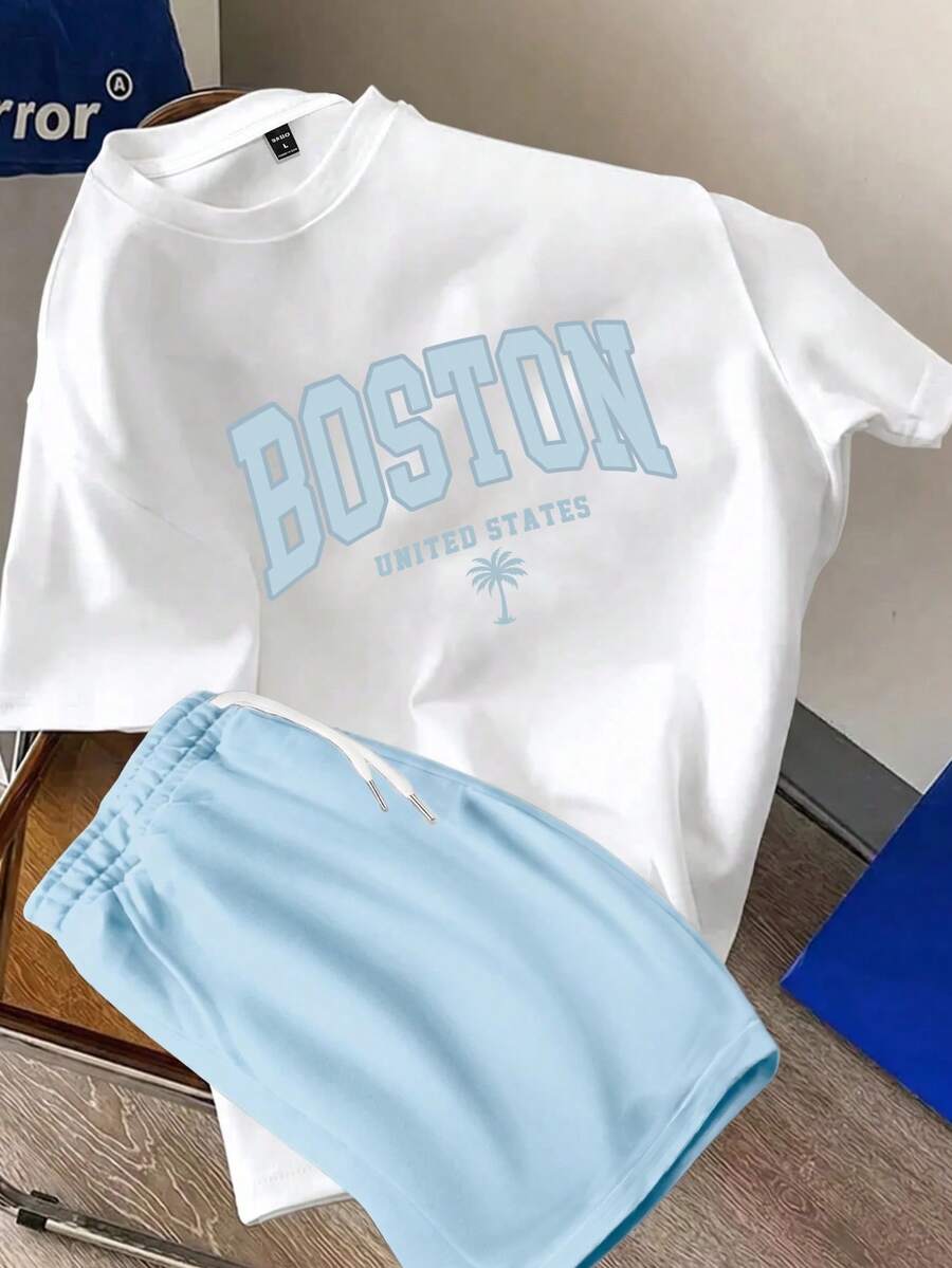 Manfinity Joysei Men's Letter Print Crew Neck Short Sleeve T-Shirt And Shorts Casual Set - Multicolor - View 1