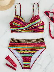Swim Lushoire 女款度假幾何印花交叉背心式比基尼上衣與三角比基尼泳褲套裝，含鋼圈，隨機印花 - 彩色 - 查看 2
