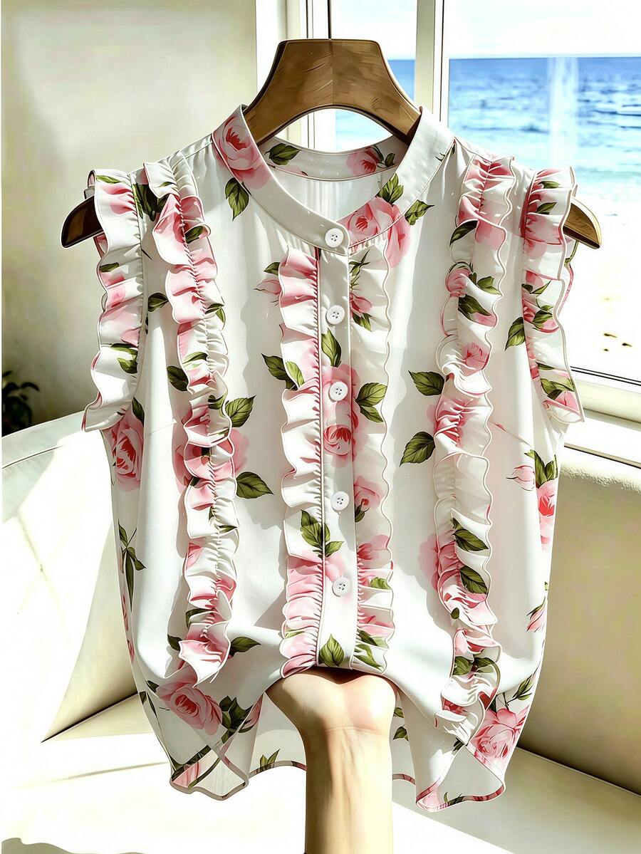 Franclia 夏季優雅花卉印花荷葉邊無袖上衣 - 粉色 - 查看 1