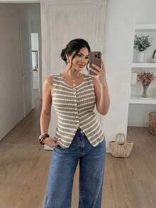 Lounesse Plus Size Women Summer Contrast Stripe Print Single-Breasted Sleeveless Knitted Top,White Sequence,Summer,Smart Casual,Everyday Fashionable Vest Top - Multicolor - View 3