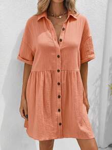 SHEIN VCAY Plus Size Shirt Collar Batwing Sleeve Patchwork Dress - Coral Pink - View 3
