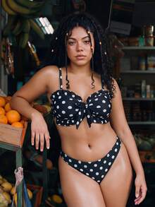 Swim Mod Plus Size Women Polka Dot Ruffle Spaghetti Strap Bikini Top, Suitable For Summer Vacation And Beach 1920s - Multicolor - View 4