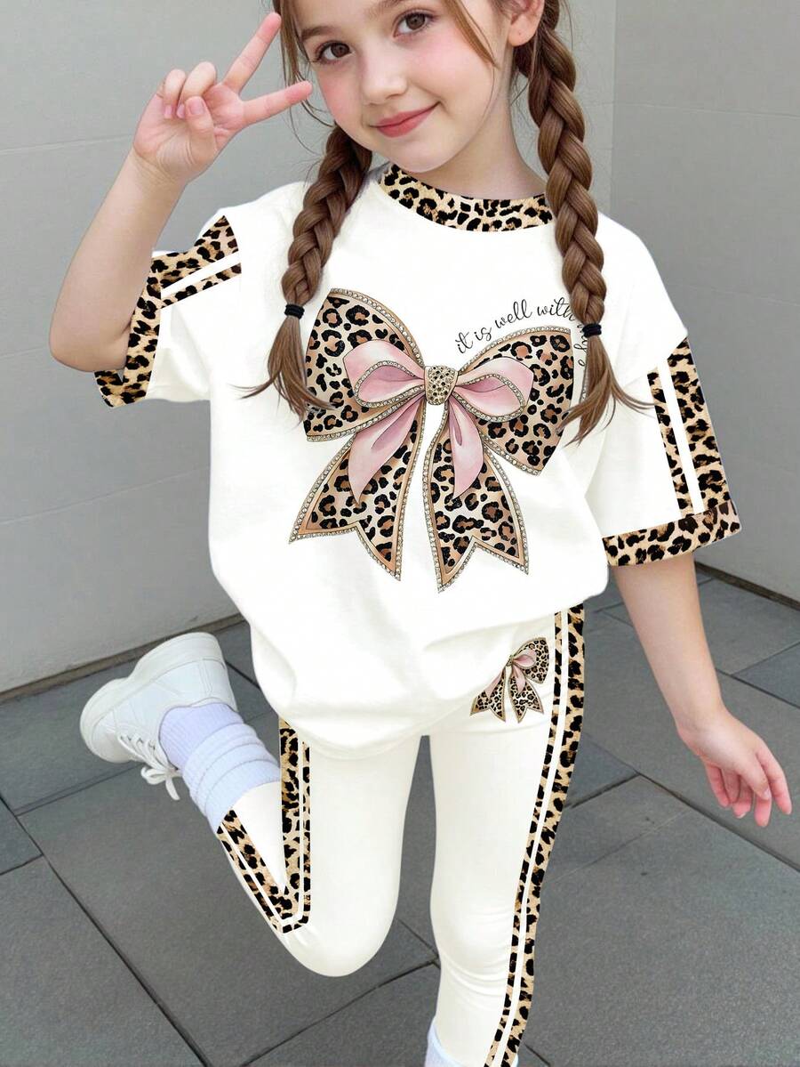 返校季 Y2K 美式復古豹紋粉色蝴蝶結印花拼接運動條紋 少女極簡休閒短袖緊身褲兩件套 美式復古甜美休閒校園運動風 戶外野餐出遊街拍風 - 彩色 - 查看 1