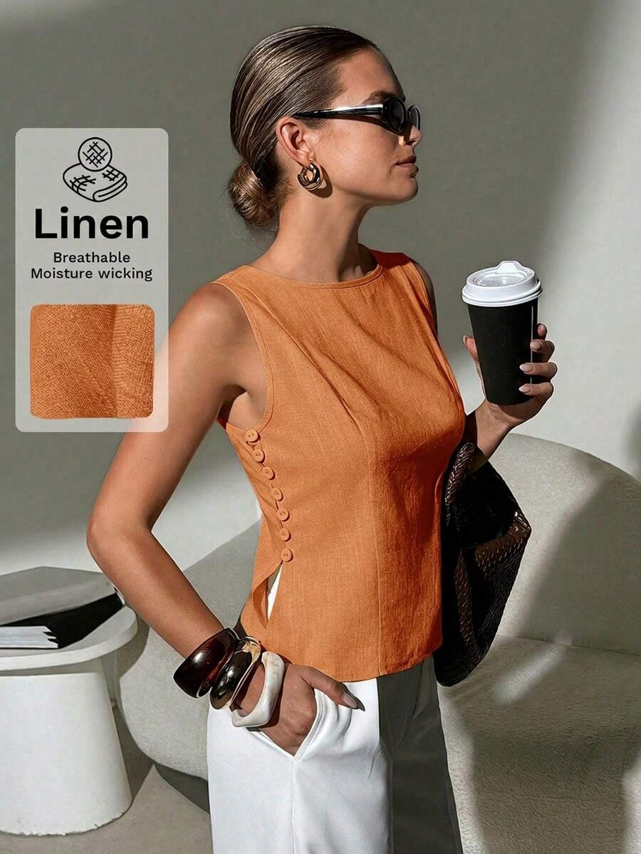 Lavishia Sleeveless Linen White Bamboo Knot Button Slim Fit Office Vintage Shirt - Orange - View 1