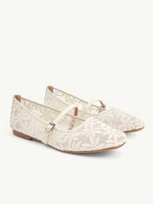 CUCCOO CHICEST 女士春夏蕾丝提花金属扣方头平底鞋，1厘米复古蕾丝面料，家居通勤购物约会旅行节日礼物 - 米色7 - 查看 4