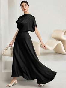 Heiryn Women's Spring/Summer Pleated Design Batwing Sleeve Elegant Long Dress Dinner Black - Black - View 3