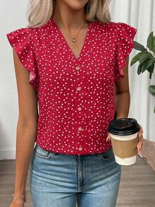 SHEIN Clasi Women's Summer Floral V-Neck Cap Sleeve Blouse,Summer Top - Red - View 3