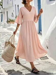 Louniche Women's Linen Feel V-Neck Wide Sleeve Solid Color Midi Dress, Suitable For Spring/Summer Holiday Outings, Decent Dress, Old Money Style Dress, Back To School Dress, Vacation Dress, Casual Dress. Suitable For Women's Autumn Clothing, Teacher Professional Wear, Floral Dress, Women's Summer Dress, Long Sleeve Summer Dress, Bohemian Style Summer Dress, Women's Vacation Dress - Baby Pink - View 2