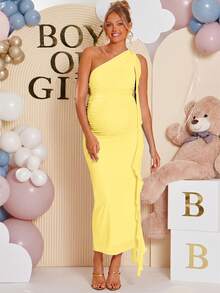 Loomaby Maternity Solid Color Asymmetric Neck Fitted Elegant Dress - Yellow - View 4