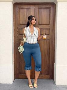 GalTyme Legging Panjang 3/4 Wanita Ukuran Plus Warna Biru Muda dengan Hiasan Ruffle di Bagian Bawah, Cocok untuk Hiking, Musim Panas, dan Kasual. - Dusty Blue - View 6
