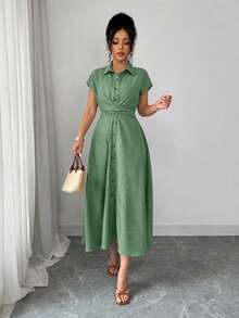 Elenzga Women's Spring/Summer Elegant Casual Khaki Design Bow Tie Ruched Slimming Single-Breasted Stand Collar Short Sleeve Shirt Dress - Green - View 4