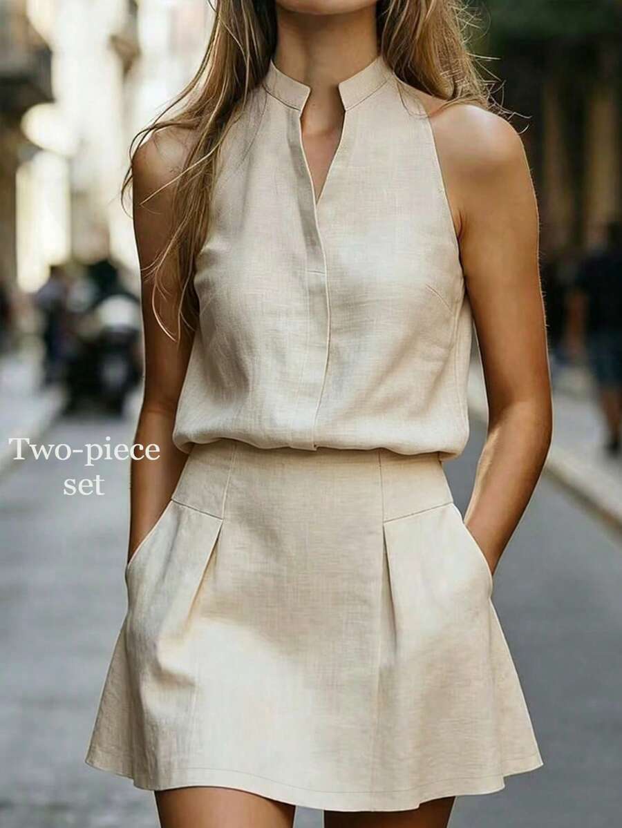 SHEIN Women's Solid Color Top And Mini Skirt Casual Minimalist Elegant Daily Outfit Brunch Vacation Beige Summer
