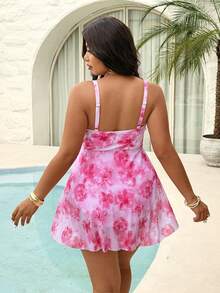 Swim Mod Plus Size Women's Floral Print Ruched One-Piece Swimsuit, Suitable For Beach Vacation, Pool Party, Beach Party - Pink - View 2