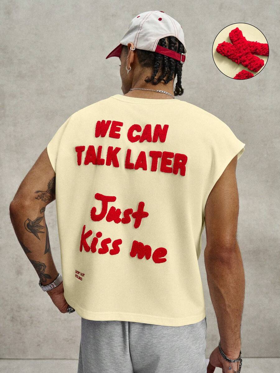 PAVTROS Men's Slogan Towel Embroidery Design Crew Neck Casual Tank Top - Apricot - View 1