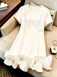Formidée Plus Size Women's Round Neck Short Sleeve Ruffle Hem Casual Dress - Apricot - View 5
