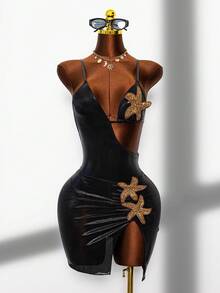 SHEIN Swim Swim Oasis 夏季新款高級女款黑色熱帶性感亮面刺繡花卉三角連身泳衣比基尼罩衫套裝，海灘度假適用 - 黑色 - 查看 3
